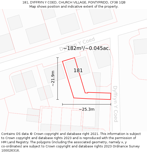 181, DYFFRYN Y COED, CHURCH VILLAGE, PONTYPRIDD, CF38 1QB: Plot and title map