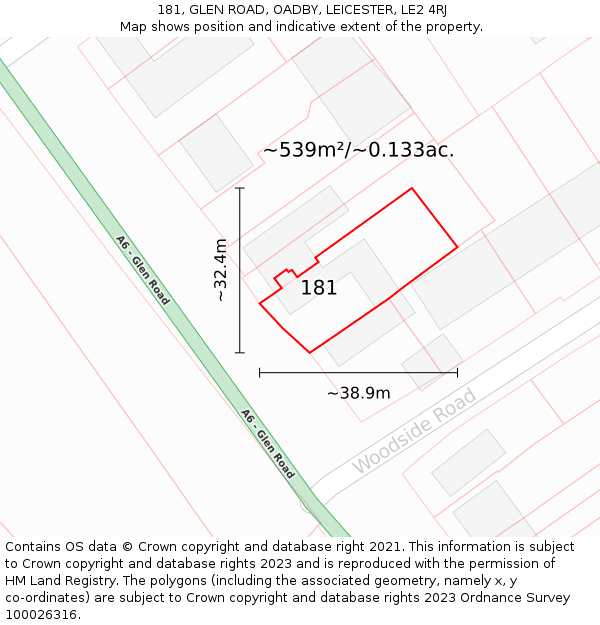 181, GLEN ROAD, OADBY, LEICESTER, LE2 4RJ: Plot and title map