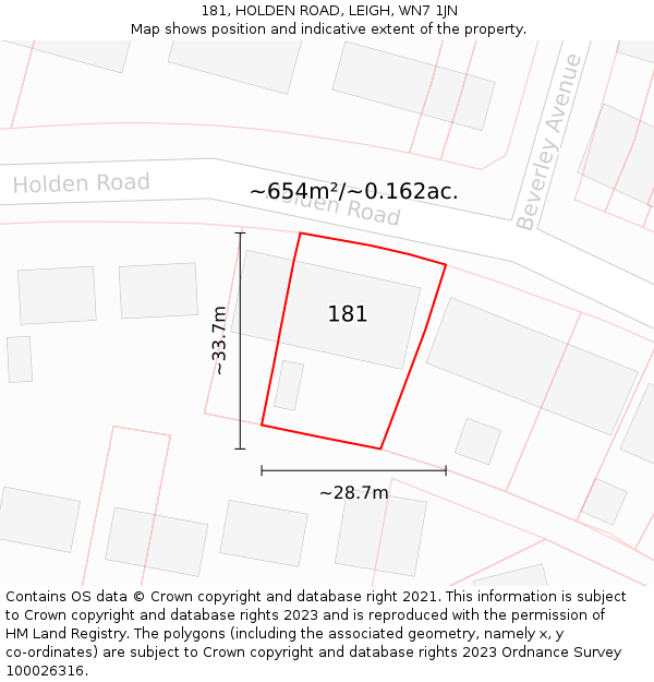 181, HOLDEN ROAD, LEIGH, WN7 1JN: Plot and title map