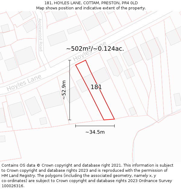 181, HOYLES LANE, COTTAM, PRESTON, PR4 0LD: Plot and title map