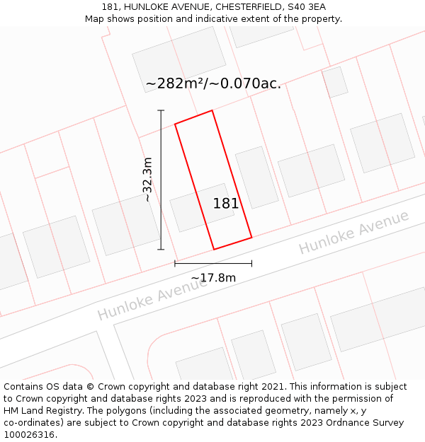 181, HUNLOKE AVENUE, CHESTERFIELD, S40 3EA: Plot and title map