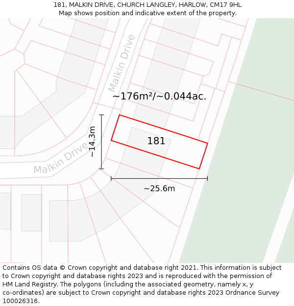 181, MALKIN DRIVE, CHURCH LANGLEY, HARLOW, CM17 9HL: Plot and title map