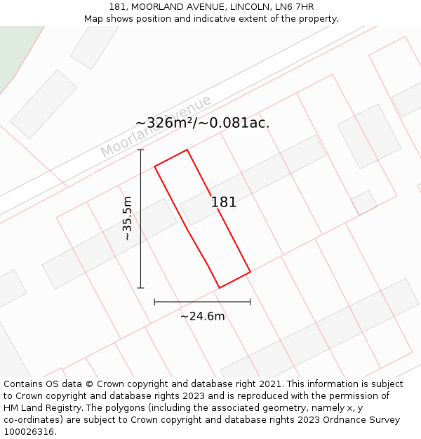 181, MOORLAND AVENUE, LINCOLN, LN6 7HR: Plot and title map