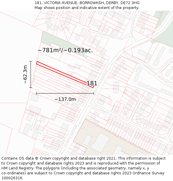 181, VICTORIA AVENUE, BORROWASH, DERBY, DE72 3HG: Plot and title map