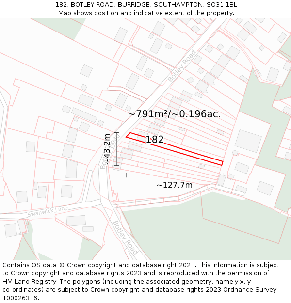 182, BOTLEY ROAD, BURRIDGE, SOUTHAMPTON, SO31 1BL: Plot and title map