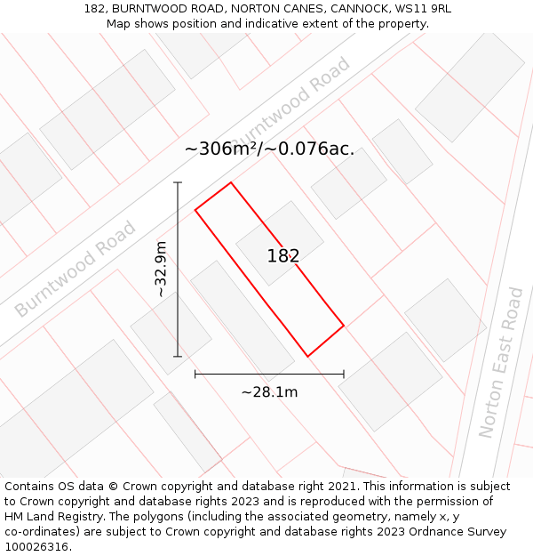 182, BURNTWOOD ROAD, NORTON CANES, CANNOCK, WS11 9RL: Plot and title map