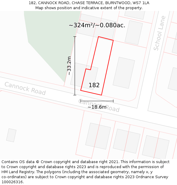 182, CANNOCK ROAD, CHASE TERRACE, BURNTWOOD, WS7 1LA: Plot and title map