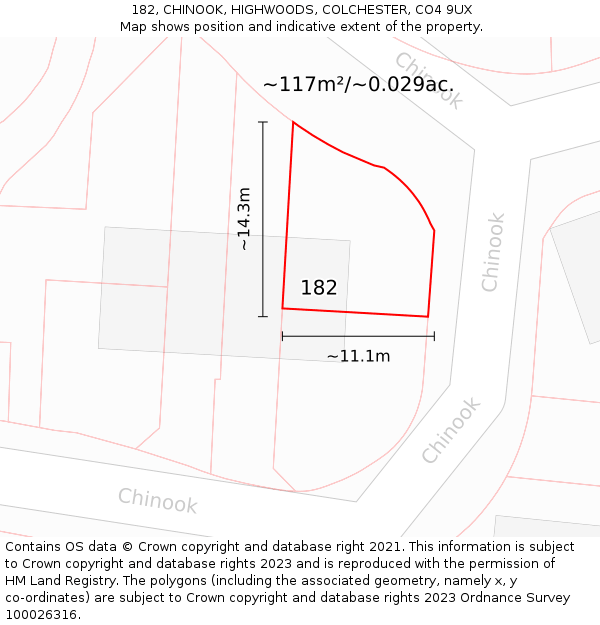 182, CHINOOK, HIGHWOODS, COLCHESTER, CO4 9UX: Plot and title map