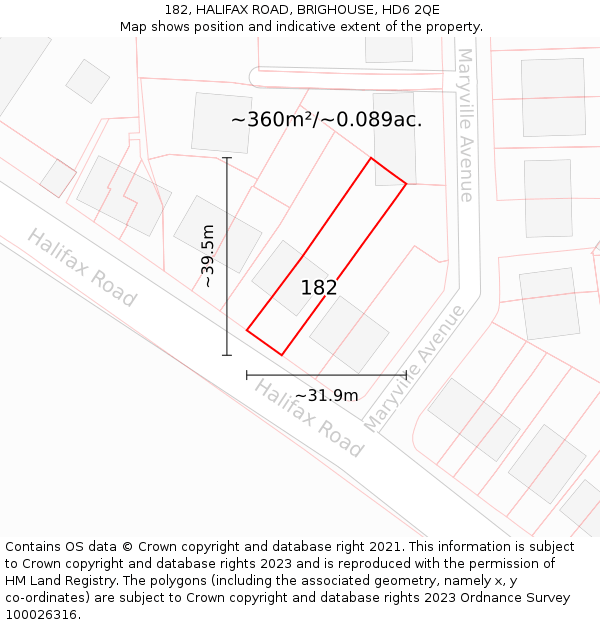 182, HALIFAX ROAD, BRIGHOUSE, HD6 2QE: Plot and title map