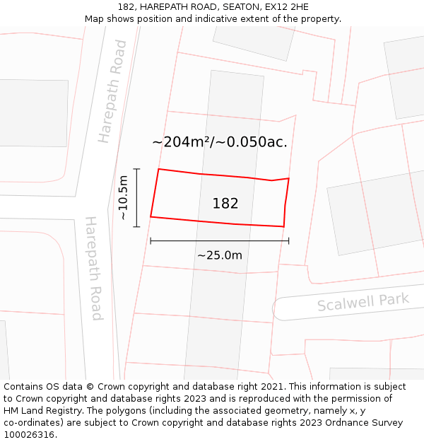 182, HAREPATH ROAD, SEATON, EX12 2HE: Plot and title map