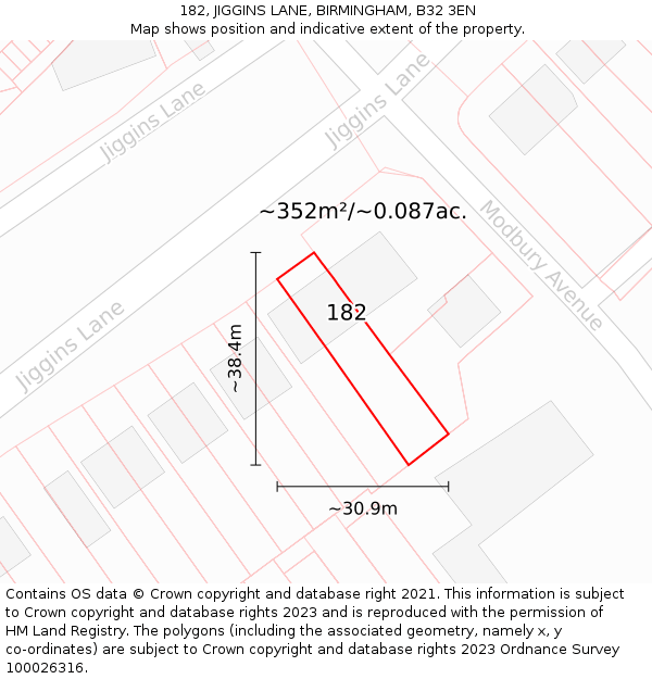 182, JIGGINS LANE, BIRMINGHAM, B32 3EN: Plot and title map