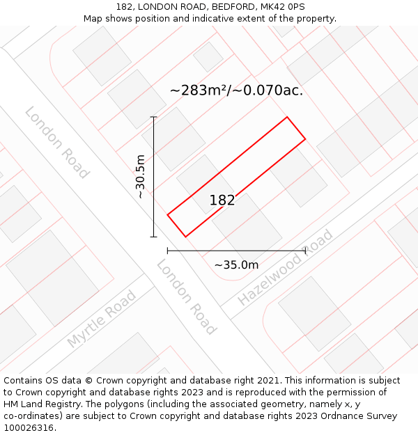 182, LONDON ROAD, BEDFORD, MK42 0PS: Plot and title map