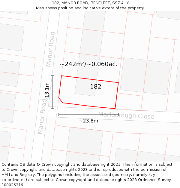 182, MANOR ROAD, BENFLEET, SS7 4HY: Plot and title map