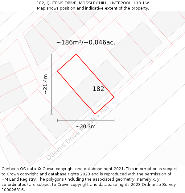 182, QUEENS DRIVE, MOSSLEY HILL, LIVERPOOL, L18 1JW: Plot and title map