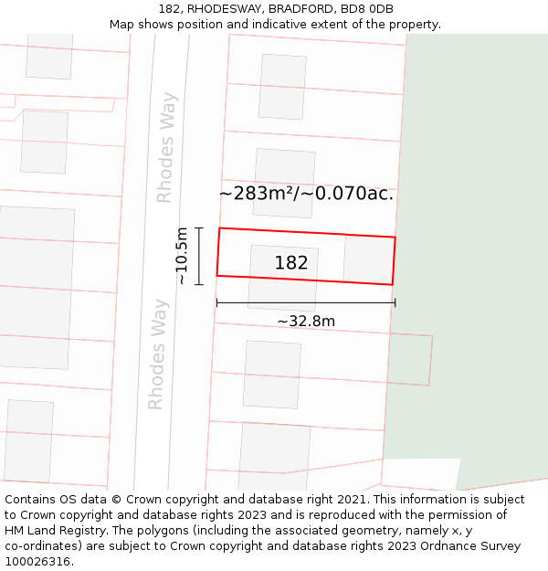 182, RHODESWAY, BRADFORD, BD8 0DB: Plot and title map