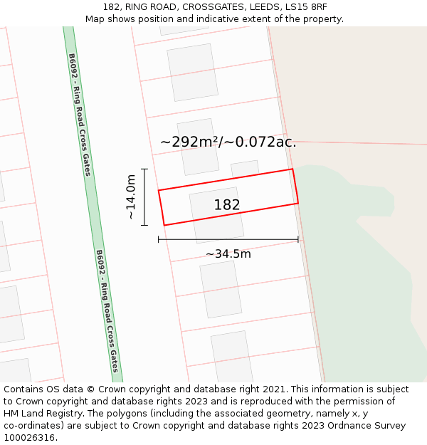 182, RING ROAD, CROSSGATES, LEEDS, LS15 8RF: Plot and title map