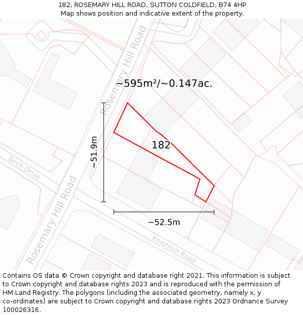 182, ROSEMARY HILL ROAD, SUTTON COLDFIELD, B74 4HP: Plot and title map