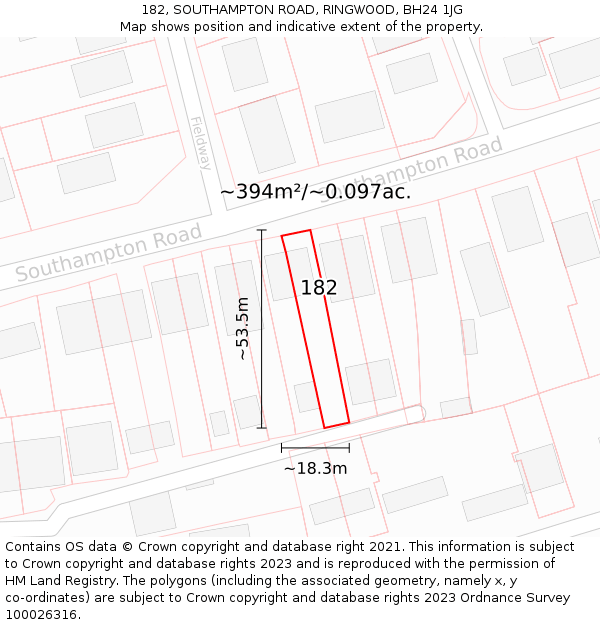 182, SOUTHAMPTON ROAD, RINGWOOD, BH24 1JG: Plot and title map