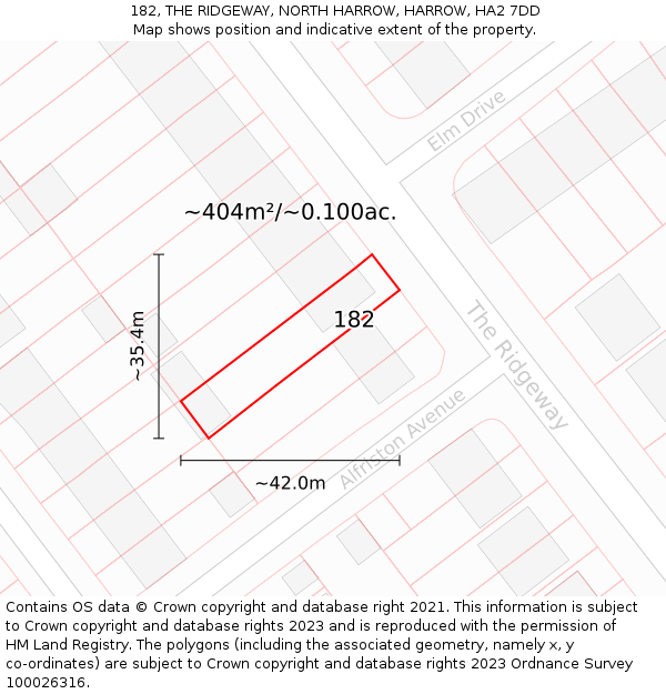 182, THE RIDGEWAY, NORTH HARROW, HARROW, HA2 7DD: Plot and title map