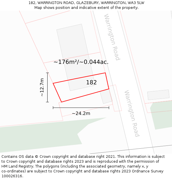 182, WARRINGTON ROAD, GLAZEBURY, WARRINGTON, WA3 5LW: Plot and title map