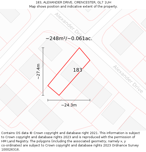 183, ALEXANDER DRIVE, CIRENCESTER, GL7 1UH: Plot and title map