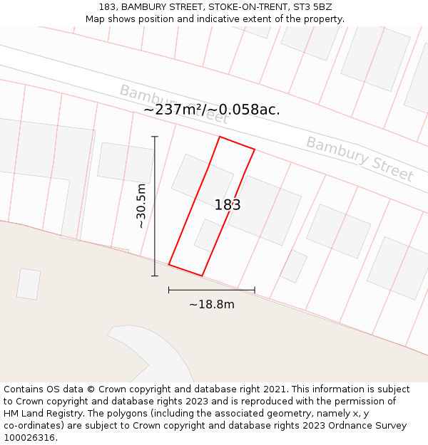 183, BAMBURY STREET, STOKE-ON-TRENT, ST3 5BZ: Plot and title map