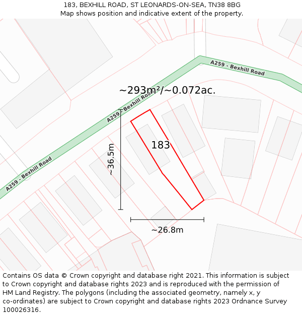 183, BEXHILL ROAD, ST LEONARDS-ON-SEA, TN38 8BG: Plot and title map