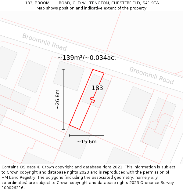 183, BROOMHILL ROAD, OLD WHITTINGTON, CHESTERFIELD, S41 9EA: Plot and title map