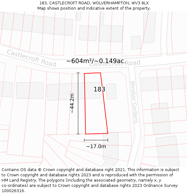 183, CASTLECROFT ROAD, WOLVERHAMPTON, WV3 8LX: Plot and title map