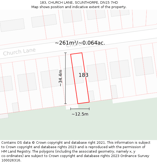 183, CHURCH LANE, SCUNTHORPE, DN15 7HD: Plot and title map