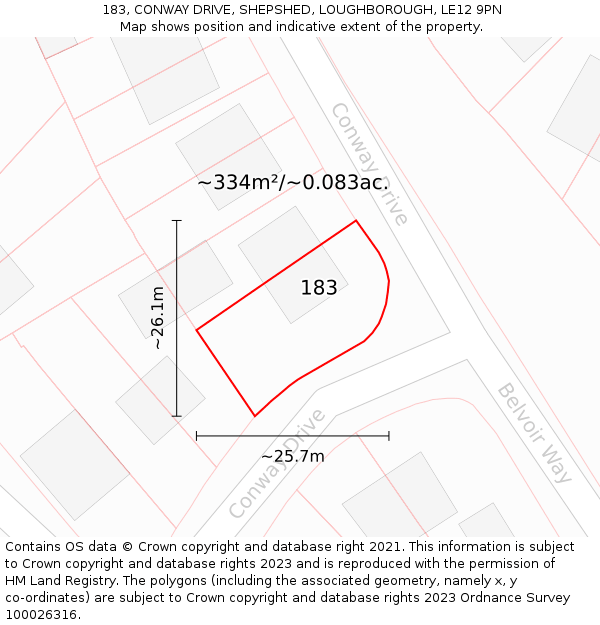 183, CONWAY DRIVE, SHEPSHED, LOUGHBOROUGH, LE12 9PN: Plot and title map