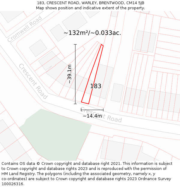 183, CRESCENT ROAD, WARLEY, BRENTWOOD, CM14 5JB: Plot and title map