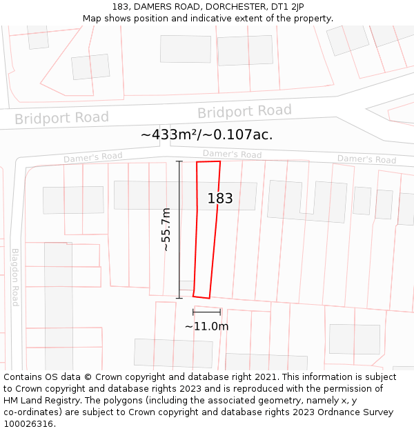 183, DAMERS ROAD, DORCHESTER, DT1 2JP: Plot and title map