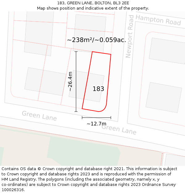 183, GREEN LANE, BOLTON, BL3 2EE: Plot and title map