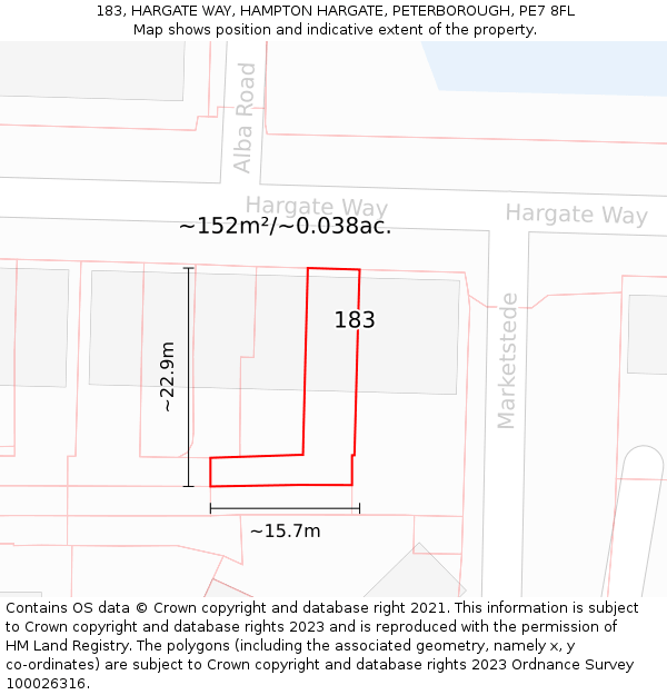 183, HARGATE WAY, HAMPTON HARGATE, PETERBOROUGH, PE7 8FL: Plot and title map