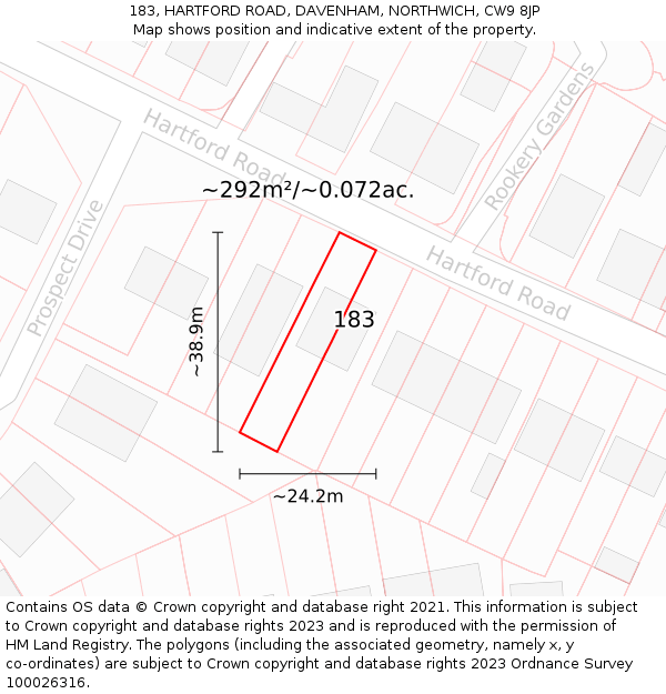 183, HARTFORD ROAD, DAVENHAM, NORTHWICH, CW9 8JP: Plot and title map