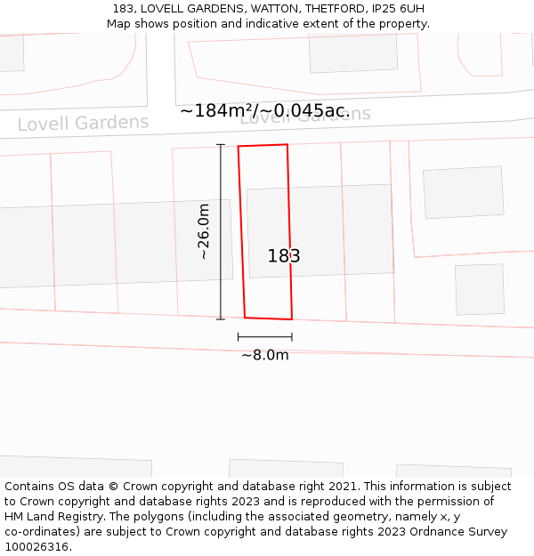 183, LOVELL GARDENS, WATTON, THETFORD, IP25 6UH: Plot and title map