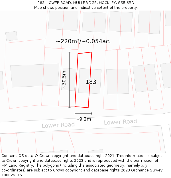 183, LOWER ROAD, HULLBRIDGE, HOCKLEY, SS5 6BD: Plot and title map