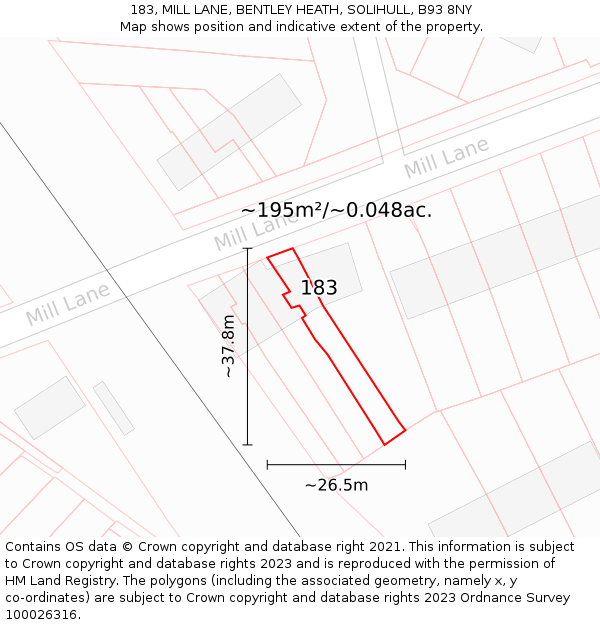 183, MILL LANE, BENTLEY HEATH, SOLIHULL, B93 8NY: Plot and title map