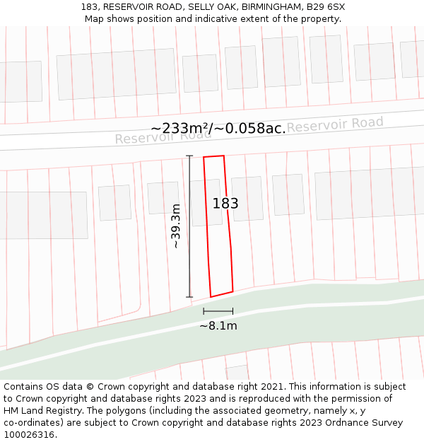 183, RESERVOIR ROAD, SELLY OAK, BIRMINGHAM, B29 6SX: Plot and title map