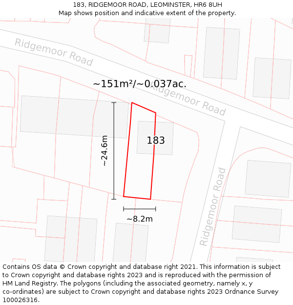 183, RIDGEMOOR ROAD, LEOMINSTER, HR6 8UH: Plot and title map