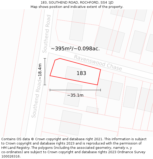 183, SOUTHEND ROAD, ROCHFORD, SS4 1JD: Plot and title map