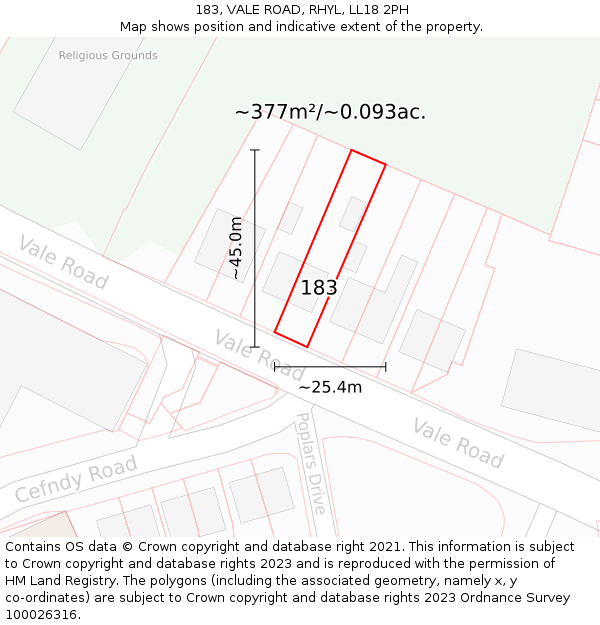 183, VALE ROAD, RHYL, LL18 2PH: Plot and title map