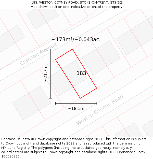 183, WESTON COYNEY ROAD, STOKE-ON-TRENT, ST3 5JZ: Plot and title map