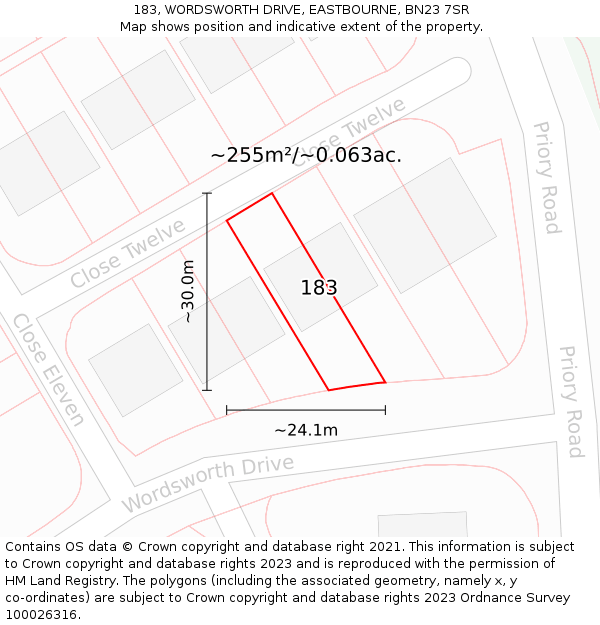 183, WORDSWORTH DRIVE, EASTBOURNE, BN23 7SR: Plot and title map