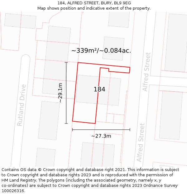 184, ALFRED STREET, BURY, BL9 9EG: Plot and title map