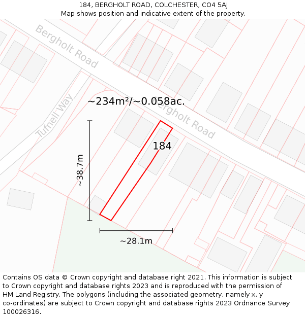 184, BERGHOLT ROAD, COLCHESTER, CO4 5AJ: Plot and title map