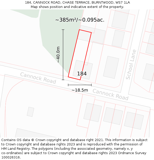 184, CANNOCK ROAD, CHASE TERRACE, BURNTWOOD, WS7 1LA: Plot and title map