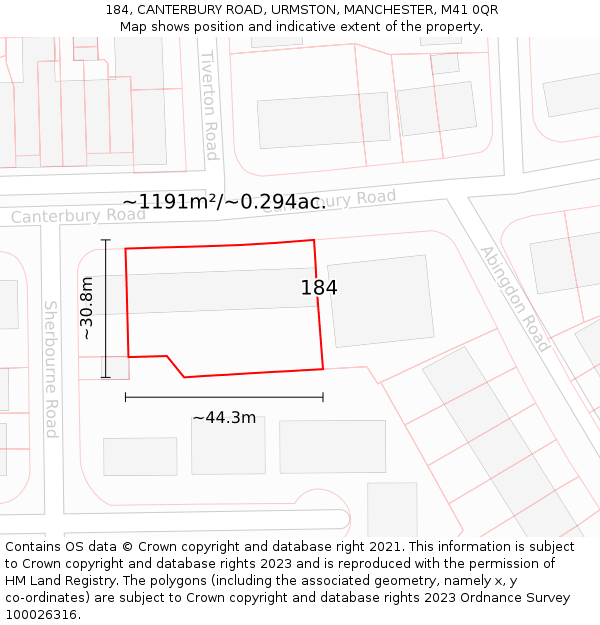 184, CANTERBURY ROAD, URMSTON, MANCHESTER, M41 0QR: Plot and title map