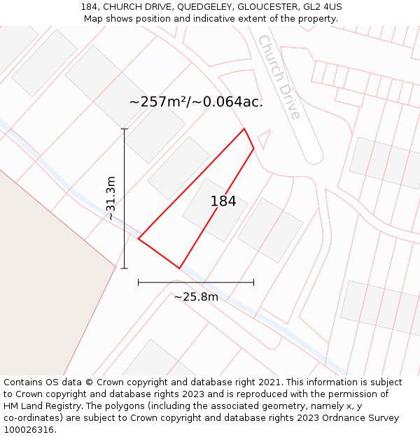 184, CHURCH DRIVE, QUEDGELEY, GLOUCESTER, GL2 4US: Plot and title map